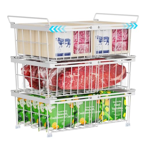 iSPECLE 3er Gefrierschrank Organizer – 283 bis 566L Gefriertruhe Korb einfache Sortierung von gefrorenen Lebensmitteln, Stapelbarer GroßGefrierbehälter aus Draht mit Griffen Leicht zu Bewegen, Weiß von iSPECLE