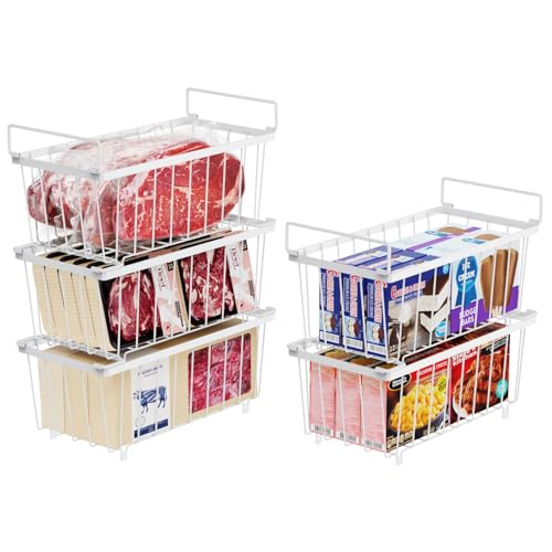 iSPECLE Gefrierschrank Organizer Behälter – 5er Gefriertruhe Körbe für 198L Tiefkühltruhen Sortieren Gefrorenes Fleisch, Sparen Platz, Stapelbare Drahtkörbe Mit Griffen Leicht zu Erreichen, Weiß von iSPECLE