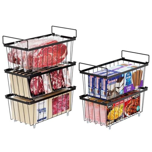iSPECLE Gefrierschrank Organizer Behälter – 5er Gefriertruhe Körbe für 198L Tiefkühltruhen Sortieren Gefrorenes Fleisch, Sparen Platz, Stapelbare Drahtkörbe Mit Griffen Leicht zu Erreichen, Schwarz von iSPECLE