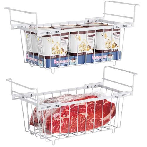 iSPECLE Gefriertruhe Organizer - 2er Klein Hängender Gefrierkörbe mit Griffen für 198L Truhengefrier, Gefriertruhe Korb Schafft Mehr Platz, Einfach zu Sortieren und Lebensmittel Entnehmen, Weiß von iSPECLE