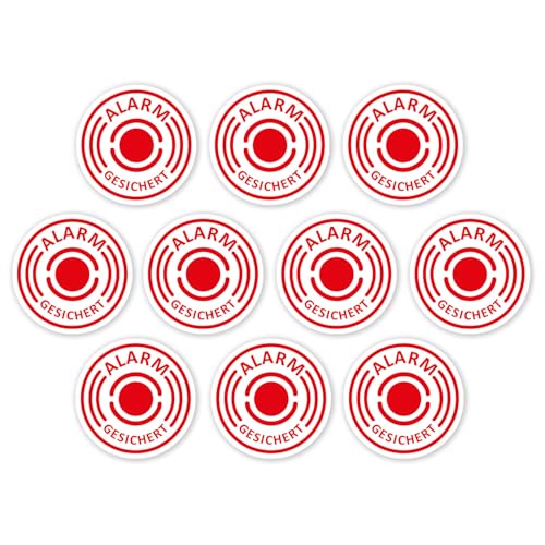 10er Aufkleber-Set alarm-gesichert I hin433 I klein Ø 2 cm I Achtung Gebäude Objekt Alarmanlage I für Fenster-Scheibe, Tür I innenklebend gespiegelt von iSecur