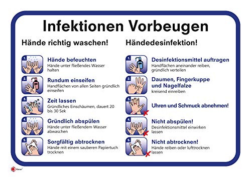 Anleitung zur Vorbeugung von Infektionen I 30 x 20 cm I Hinweis-Schild Gründlich Hände waschen und desinfizieren I Handdesinfektion I Hygienemaßnahmen Aushang I Beschilderung I hin_603 von iSecur