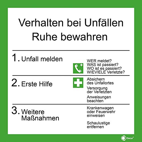 Hinweis-Aufkleber Verhalten bei Unfällen I 20 x 20 cm I Anleitung Verhaltensregeln Betriebs-Aushang I Erste-Hilfe Maßnahmen I hin_223 von iSecur