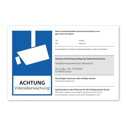 Hinweis-Schild Achtung Videoüberwachung I 30 x 20 cm I 3 mm I BDSG EU-DSGVO Beschilderung zum Ausfüllen - Info Betreiber I wetterfest I hin300 Hinweis-Schild Achtung Videoüberwachung I 30 x 20 cm I 3 mm I BDSG EU-DSGVO Beschilderung zum Ausfüllen - Info Betreiber I wetterfest I hin300 von iSecur