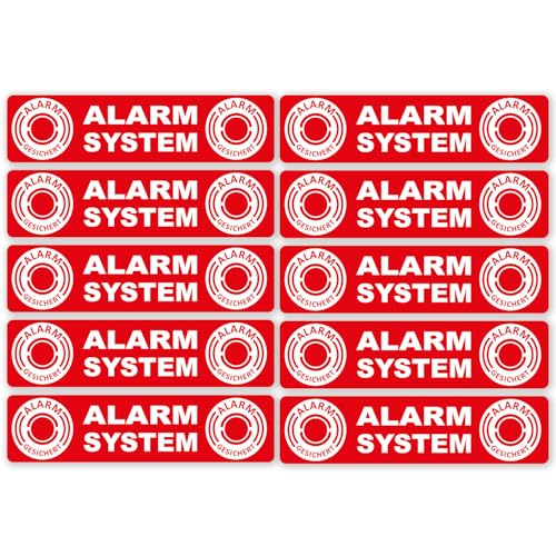 10 Aufkleber Alarm System Innenklebend I 12 x 3 cm I Motiv - Alarm gesichert - für Fenster-Scheibe Innen, Glastür I XL 10er Set in rot I hin453 von iSecur