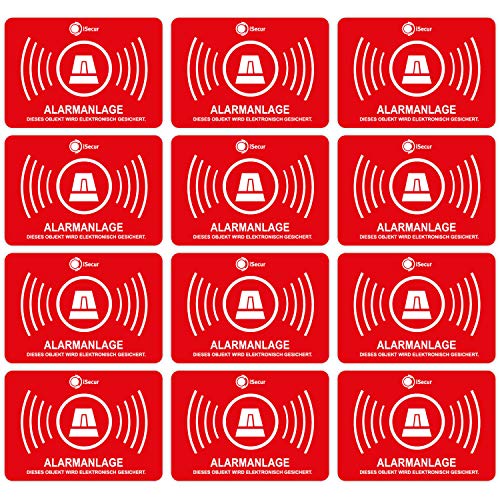 12 Alarmgesichtert Aufkleber 5 x 3,5 cm außenklebend UV + wetterfest I Hinweis Achtung Alarm-Anlagefür Fenster-Scheibe Tür Gebäude Objekt Garage Auto Sticker rot I hin047 von iSecur