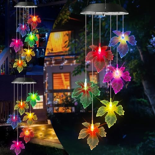 iShabao Muttertagsgeschenke Ahornblatt Solar Windspiel Garten, 6 LED Solar Windspiel für Draußen, Wasserfest, Geschenke für Mutter/Frauen/Tochter/Freundin, Dekorationen für Baum, Balkon, Hof, Hochzeit von iShabao