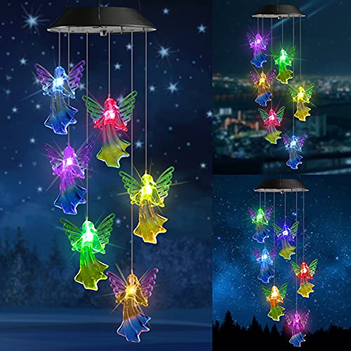 iShabao Muttertagsgeschenke Engel Solar Windspiel Garten, 6 LED Solar Windspiel für Draußen, Wasserfest, Farbwechsel, Geschenke für Mutter, Dekorationen für Baum, Balkon, Hof, Hochzeit, Party von iShabao