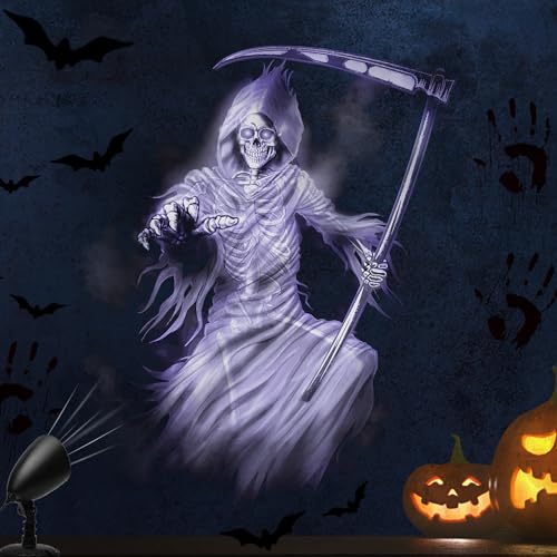iShabao Halloween Deko Outdoor, 3D Dynamische Halloween Projektor mit Timer, Wasserdicht LED Projektionslampe mit Weißer Sensenmann für Wand Fenster Garten Hof Party iShabao Halloween Deko Outdoor, 3D Dynamische Halloween Projektor mit Timer, Wasserdicht LED Projektionslampe mit Weißer Sensenmann für Wand Fenster Garten Hof Party von iShabao