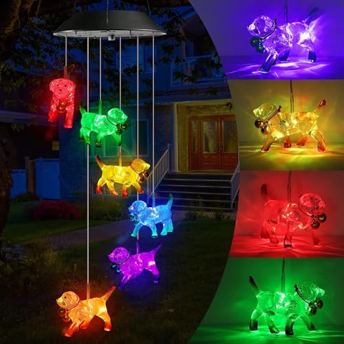 iShabao Hunde Solar Windspiel Garten, 6 LED Solar Windspiel für Draußen, Wasserfest, Farbwechsel, Geschenke für Mutter/Frauen/Tochter/Freundin, Dekorationen für Baum, Balkon, Hof, Hochzeit, Party von iShabao