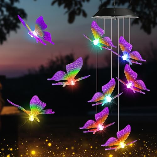 iShabao Muttertagsgeschenke Schmetterling Solar Windspiel Garten, 6 LED Solar Windspiel für Draußen, Wasserfest, Farbwechsel, Geschenke für Mutter, Dekorationen für Baum, Balkon, Hochzeit(Lila) von iShabao