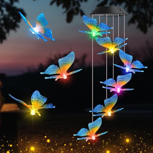 iShabao Muttertagsgeschenke Schmetterling Solar Windspiel Garten, 6 LED Solar Windspiel für Draußen, Wasserfest, Geschenke für Frauen, Dekorationen für Baum, Balkon, Hochzeit(Blau) von iShabao