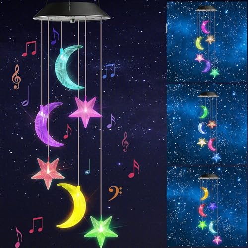 iShabao Muttertagsgeschenke Sternmond Solar Windspiel für Draußen,6 LED Solar Windspiel für Draußen, Wasserfest, Geschenke für Mutter/Frauen/Freundin, Dekorationen für Baum, Balkon, Hof, Hochzeit von iShabao