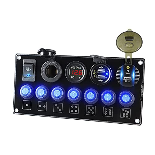 iSpchen 7 Gang Schalter Panel EIN Aus Kippschalter Dual USB Ladegerät mit LED-Voltmeter PD QC Schnellladung Zigarettenanzünder Steckdose Autoladegerät für 12V-24V Autos LKWs Boote Motorräder von iSpchen