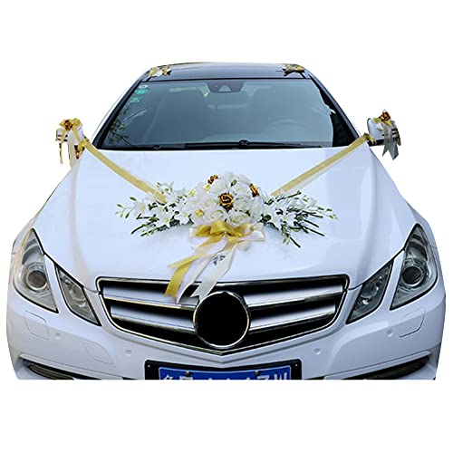 iSpchen Autoschmuck Hochzeit Auto Hochzeitsschmuck Deko Künstliche Rose Blumen Hochzeit Deko Hochzeitsdeko Autoschleifen Hochzeit Motorhaube Schmuck Dekoration,Gold von iSpchen