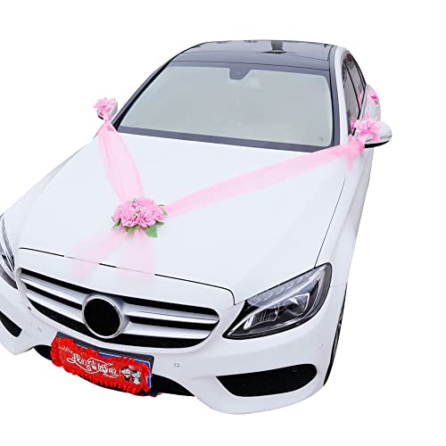 iSpchen Hochzeit Auto Deko Kit Autoschmuck Künstliche Blumen Hochzeit Deko Braut Paar Autoschleifen Hochzeitsdeko Blumenstrauß Auto Schmuck Girlande,Party Wedding Decoration,rosa von iSpchen