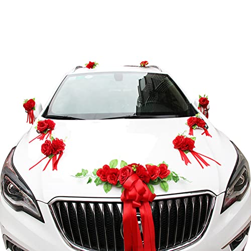 iSpchen Hochzeitsdeko Auto Schmuck Hochzeit Braut Deko Autoschleifen Set Autoschmuck künstliche Rose Blume Hochzeit Deko Party Wedding Dekoration,rot von iSpchen