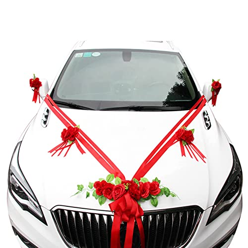 iSpchen Hochzeitsdeko Auto Schmuck Hochzeit Braut Deko Autoschleifen Set Autoschmuck künstliche Rose Blume Hochzeit Deko Party Wedding Dekoration,rot von iSpchen