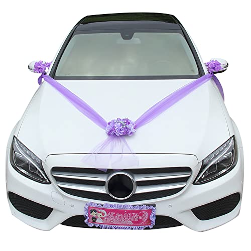 iSpchen Hochzeitsdeko Autodekoration Autoschleifen Hochzeit Dekorationsset romantischer Blumenstrauß Autoschmuck Hochzeit Deko künstliche Blumen Wedding Dekoration,lila von iSpchen