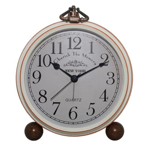 iSpchen Tischuhr Nostalgie Antik Vintage Retro Metall Standuhr Dekowecker Uhr Wecker Design Wecker Lautlos Ohne Ticken, Antik Retro Wecker, Vintage Tischuhr Analog Nachttisch Schlafzimmer Weiß von iSpchen