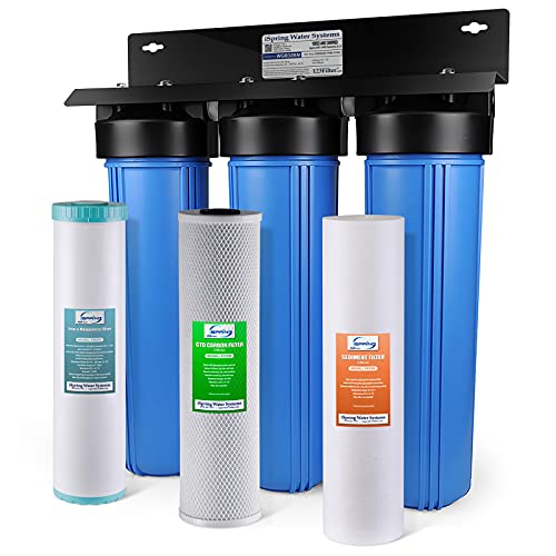 iSpring WGB32BM 3-Stufen-Wasserfiltersystem für das ganze Haus (mit 20" x 4,5" Sediment-, Kohle- und Eisen- und Manganreduzierungsfilter) mit 3/4'' Push-Fit-Edelstahlschlauchanschlüssen von iSpring