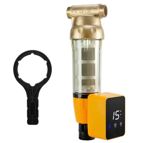 iSpring WSP50ARB Spin Down Sedimentwasserfilter, wiederverwendbar, mit Touch-Screen-Autospülmodul und eingebautem Gehäuseschaber, Messingoberseite, klares Gehäuse, 50 Mikron von iSpring