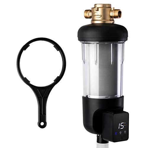 iSpring WSP50ARJ Rückspülfilter Wasserfilter Filter, Upgraded Jumbo Größe, große Kapazität, wiederverwendbar mit Touch-Screen Auto Spülung Modul, Messing Top Clear Gehäuse, 50 Mikron von iSpring