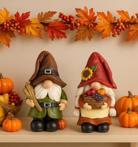 iStatue Thanksgiving Dekorationen Herbst Zwerg Figuren - 2 Pack Harz Ernte Figuren mit Kürbissen, Weizen & Korb, Herbst Home Decor Akzente für Tisch, Kaminsims, Regal (Braun) von iStatue