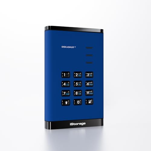 iStorage diskAshur3 SSD 2 TB Blau – Sicheres, tragbares Solid-State-Laufwerk – passwortgeschützt – staub- und wasserabweisend – Hardware-Verschlüsselung von iStorage