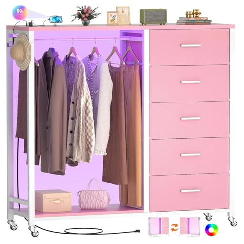 iSunirm 5 Schubladen Kleiderschrank, Garderobe mit Rollen，Kommode für Schlafzimmer mit Kleiderständer, 2-in-1-Kommode fürs Schlafzimmer, Kommode mit LED-Leuchten und Ladestation,Rosa von iSunirm