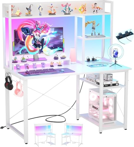 iSunirm Kleiner Gaming-Schreibtisch mit Aufsatz, 39-Zoll-Computertisch mit LED-Leuchten und Steckdosen, Home-Office-Schreibtisch mit umkehrbaren 5-stufigen Ablagefächern und Monitorständer,Weiß von iSunirm