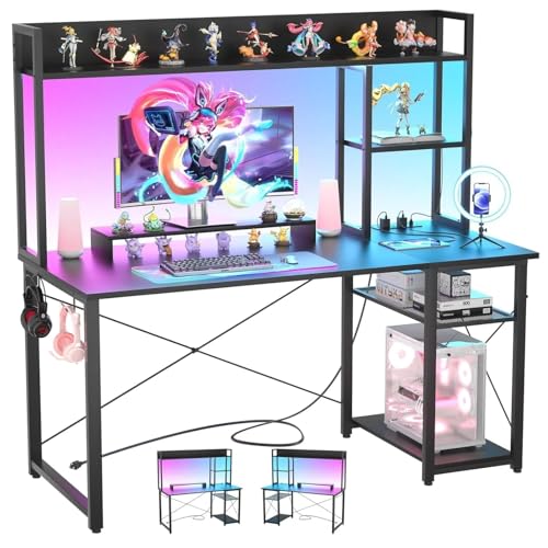 iSunirm Gaming-Schreibtisch mit Aufsatz, 47-Zoll-Computertisch mit LED-Leuchten und Steckdosen, Home-Office-Schreibtisch mit umkehrbaren 5-stufigen Ablagefächern und Monitorständer, Schwarz von iSunirm