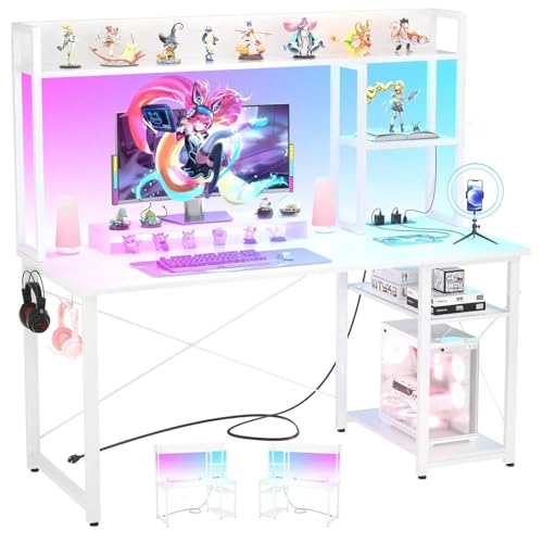 iSunirm Gaming-Schreibtisch mit Aufsatz, 47-Zoll-Computertisch mit LED-Leuchten und Steckdosen, Home-Office-Schreibtisch mit umkehrbaren 5-stufigen Ablagefächern und Monitorständer, Weiß von iSunirm