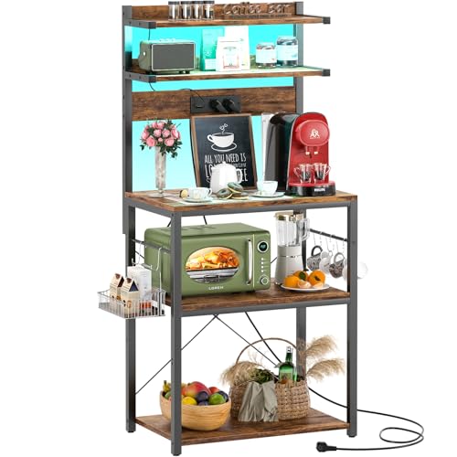 iSunirm Bäckerregal mit Steckdose, Mikrowellenständer, 5-stufige Kaffeebarstation mit LED-Leuchten, Küchenregal mit 6 S-förmigen Haken, Küchenregal für Gewürze, Töpfe und Pfannen, Rustikales Braun von iSunirm