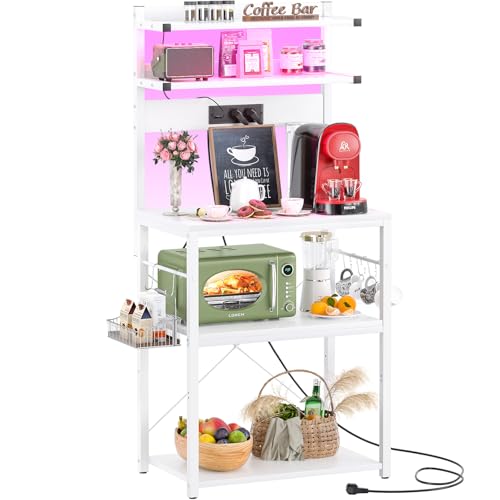 iSunirm Bäckerregal mit Steckdose, Mikrowellenständer, 5-stufige Kaffeebarstation mit LED-Leuchten, Küchenregal mit 6 S-förmigen Haken, Küchenregal für Gewürze, Töpfe und Pfannen, Weiß von iSunirm