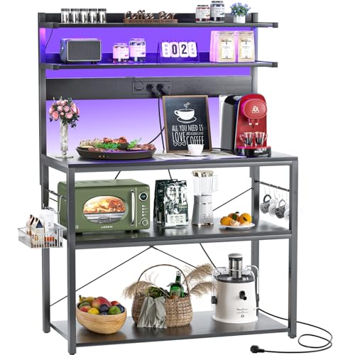 iSunirm Bäckerregal mit Steckdose, Mikrowellenständer, 5-stufige Kaffeebarstation mit LED-Leuchten, Küchenregal mit 6 S-förmigen Haken, Küchenregal für Gewürze, Töpfe und Pfannen, Schwarz von iSunirm