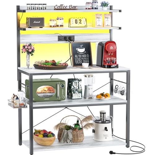 iSunirm Bäckerregal mit Steckdose, Mikrowellenständer, 5-stufige Kaffeebarstation mit LED-Leuchten, Küchenregal mit 6 S-förmigen Haken, Küchenregal für Gewürze, Töpfe und Pfannen, Weißeiche von iSunirm