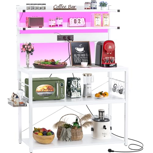 iSunirm Bäckerregal mit Steckdose, Mikrowellenständer, 5-stufige Kaffeebarstation mit LED-Leuchten, Küchenregal mit 6 S-förmigen Haken, Küchenregal für Gewürze, Töpfe und Pfannen, Weiß von iSunirm