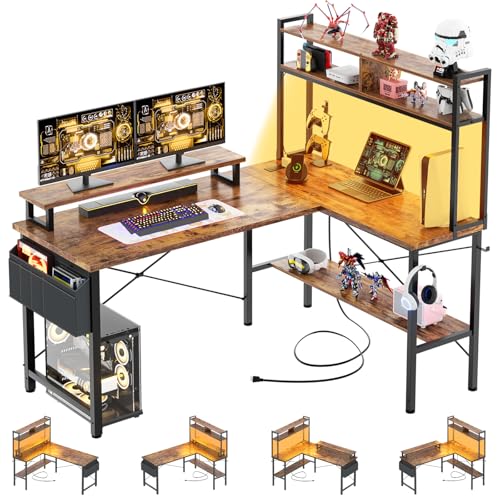 iSunirm L-förmiger Gaming-Schreibtisch mit Steckdosen und LED-Leuchten, Kleiner L-förmiger Schreibtisch, Computer-Eckschreibtisch mit Monitorständer und Ablage, mit Aufbewahrungstasche, Braun iSunirm L-förmiger Gaming-Schreibtisch mit Steckdosen und LED-Leuchten, Kleiner L-förmiger Schreibtisch, Computer-Eckschreibtisch mit Monitorständer und Ablage, mit Aufbewahrungstasche, Braun von iSunirm