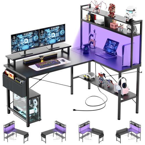 iSunirm L-förmiger Gaming-Schreibtisch mit Steckdosen und LED-Leuchten, Kleiner L-förmiger Schreibtisch, Computer-Eckschreibtisch mit Monitorständer und Ablage, mit Aufbewahrungstasche, Schwarz von iSunirm