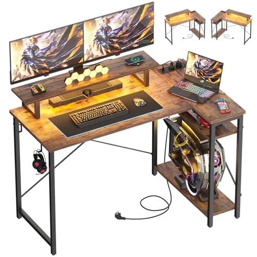 iSunirm L-förmiger Gaming Schreibtisch,120x70x72 cm,Computertisch mit LED-Beleuchtung,Reversibel Gaming Tisch mit LED&Steckdosen für Studium,Spielen und Arbeiten,Braun von iSunirm
