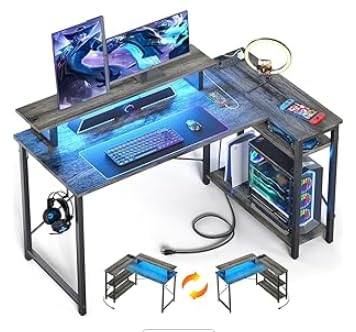 iSunirm L-förmiger Gaming Schreibtisch,120x70x72 cm,Computertisch mit LED-Beleuchtung,Reversibel Gaming Tisch mit LED&Steckdosen für Studium,Spielen und Arbeiten,Carbonfaser Schwarz von iSunirm