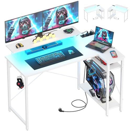 iSunirm L-förmiger Gaming Schreibtisch,120x70x72 cm,Computertisch mit LED-Beleuchtung,Reversibel Gaming Tisch mit LED&Steckdosen für Studium,Spielen und Arbeiten,Weiß von iSunirm