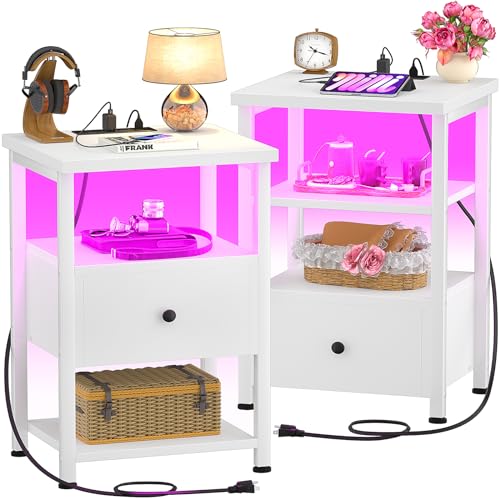 iSunirm Nachttisch Set 2er mit Schublade aus Holz, Beistelltisch mit Ladestation & LED Beleuchtung, Nachttisch für Schlafzimmer & Wohnzimmer, Weiß von iSunirm