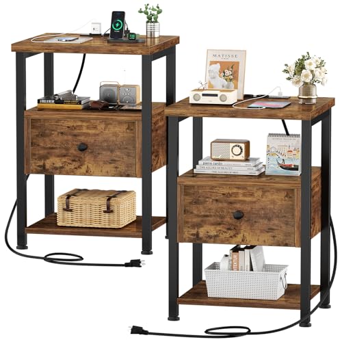 iSunirm Nachttisch Set 2er mit Schublade aus Holz, Beistelltisch mit Ladestation & LED Beleuchtung, Nachttisch für Schlafzimmer & Wohnzimmer, Rustikales Braun von iSunirm