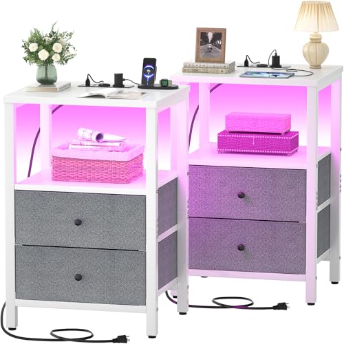 iSunirm Nachttisch 2er Set mit Ladefunktion & LED, Sofatisch mit 2 Stoffschubladen, Beistelltische für Wohnzimmer, Schlafzimmer, Weiß iSunirm Nachttisch 2er Set mit Ladefunktion & LED, Sofatisch mit 2 Stoffschubladen, Beistelltische für Wohnzimmer, Schlafzimmer, Weiß von iSunirm