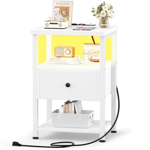 iSunirm Nachttisch Set 2er mit Schublade aus Holz, Beistelltisch mit Ladestation & LED Beleuchtung, Nachttisch für Schlafzimmer & Wohnzimmer, Weiß von iSunirm