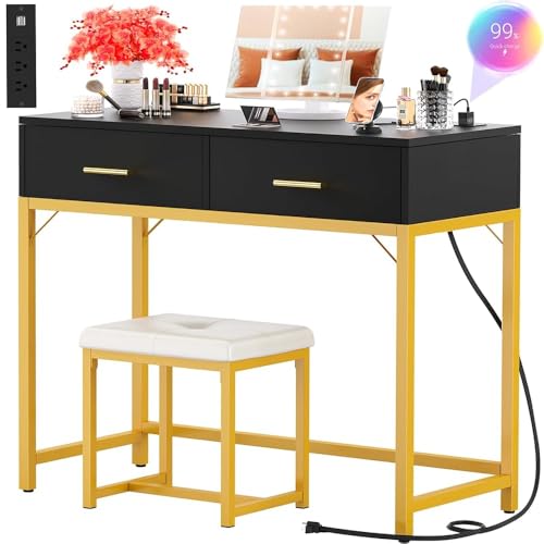 iSunirm Schminktisch mit Spiegel und Lichtern, Schminktisch und Stuhl-Set, Schlafzimmer-Kommode, Schwarz von iSunirm