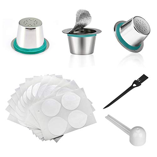 3 Stücke Edelstahl Wiederverwendbar Kaffeekapseln mit 60 Stücke Aluminum Film Lids Nachfüllbare Tasse Kaffeefilter Kompatibel mit Nespresso Original-Maschinen Teil der Serie Langlebig von iSuperb