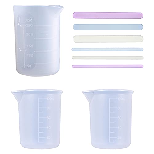 iSuperb 3PCS Silikon Messbecher 250ml 100ml Silikonbecher für Harz & 6PCS Silikon-Rührstäbchen, Antihaft Mischbecher Silikon-Becher Tasse Messen Silikonrührer Stick Mischset (3 cups+6 sticks) von iSuperb